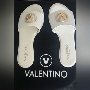 Valentino Bugola White Slide Sandals with Gold Accent. Size 9